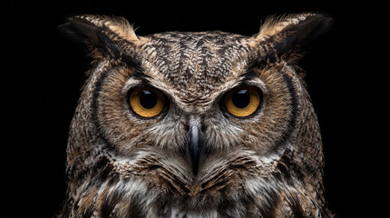 Obraz premium Close-up portrait of a majestic owl, showcasing its intense gaze and intricate feather details.
