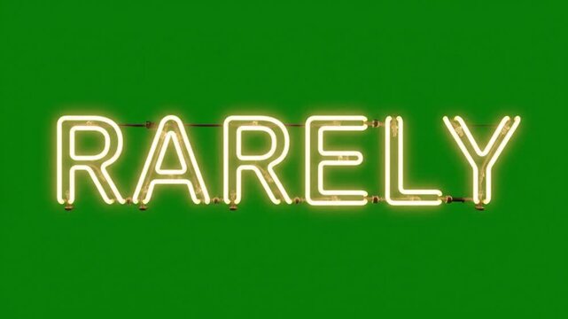 Neon sign with the word 'rarely' on a green background