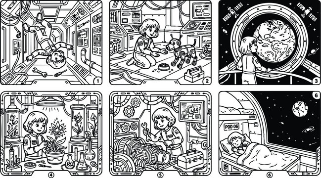 Detailed black and white line art space exploration story sequence showing girl astronaut floating repairing robot dog observing earth and growing plants in spaceship laboratory at night