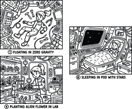 Black and white comic style space girl floating in zero gravity feeding robot pet watching earth from window planting alien flower in lab fixing spaceship engine and sleeping in pod with stars