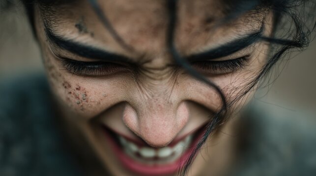 Macro close-up of a woman screaming in pain, expressing intense emotion and distress. Focus on facial expression, tension and raw human feeling. Concept of physical pain, emotional suffering, stress,.