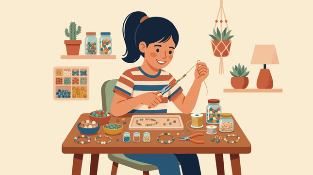 A young girl sitting at a table making jewelry with various beads