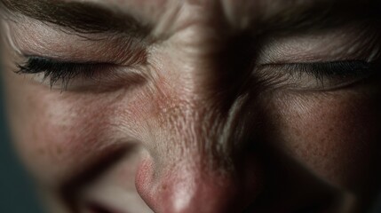 Obraz premium Macro close-up of a woman crying, with tears running down her face. Captures raw human emotion, sadness, vulnerability and distress. Focus on facial expression, texture of skin and tears.