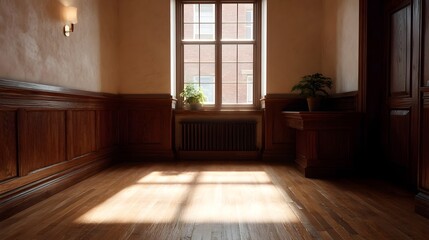 Obraz premium Sunlight streams through a large window casting warm light and shadows on the polished wooden floor of an empty vintage room