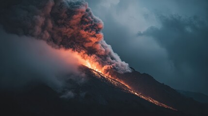 Fototapeta premium Glowing lava flows down mountain during volcanic eruption with ash clouds rising