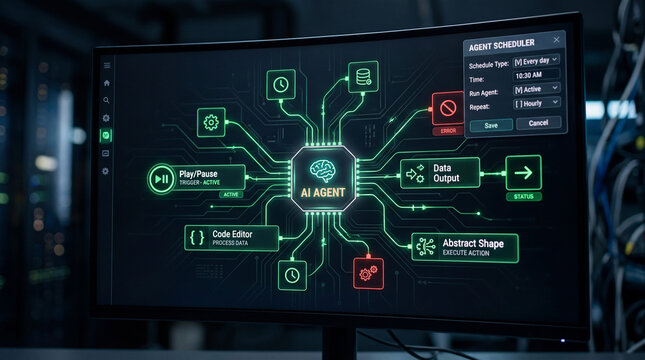 Computer monitor displaying a sophisticated AI Agent dashboard with scheduling options, data processing nodes, and code editor interface, concept for autonomous AI management, business automation