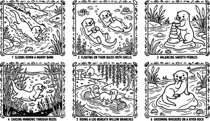 Obraz premium Colorbook style black and white line art illustrations of otters sliding on muddy bank floating with shells balancing pebbles chasing minnows and grooming whiskers on river rock