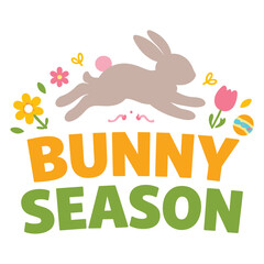 Fototapeta premium Cute playful cartoon bunny rabbit with colorful flowers tulips and easter eggs illustration for springtime celebration design