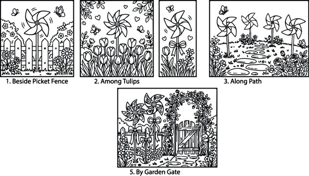 Colorbook style black and white garden scenes with windmill pinwheels among flowers by picket fence gate watering can and arbor in line art outline