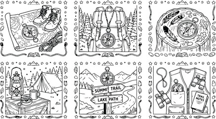 Fototapeta premium Colorbook style detailed line art illustrations featuring hiking boots compass rope backpack forest trail tree stump campsite tent mountain signs binoculars and outdoor vest with trail notes