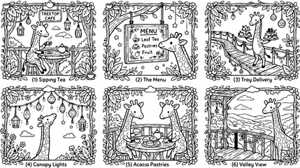 Obraz premium Colorbook style detailed giraffe sipping tea at treetop cafe canopy lights tray delivery and valley view vector art set