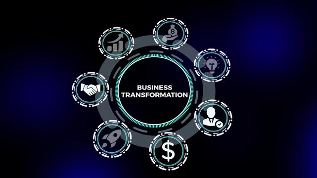 Business transformation concept with digital innovation dashboard, process optimization interface, and enterprise change management visualization.