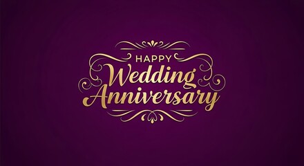 Naklejka premium Elegant Golden Happy Wedding Anniversary Text with Swirls on Deep Purple Background - Romantic Celebration