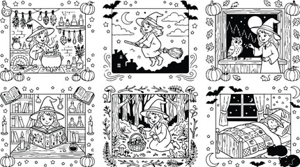 Fototapeta premium Colorbook style detailed witch in six scenes cooking flying with broom reading spellbook gathering mushrooms and sleeping with cats at night