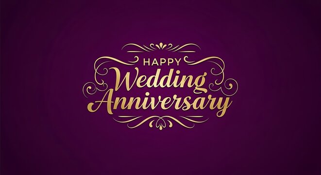 Elegant Golden Happy Wedding Anniversary Text with Swirls on Deep Purple Background - Romantic Celebration
