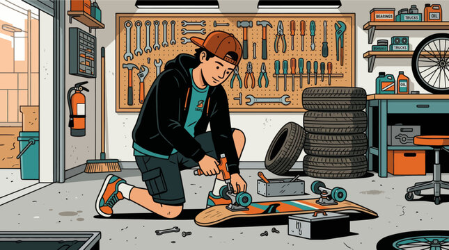 Young mechanic customizing skateboard in vibrant workshop with tools and tires