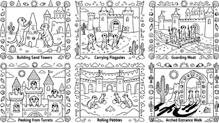 Naklejka premium Colorbook style vector art of meerkats building sand towers carrying flagpoles guarding moat peeking from turrets rolling pebbles walking through arched entrance with castle and desert elements