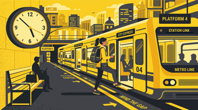 Commuters boarding modern yellow metro train at urban station during golden hour