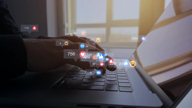 Person using laptop with social media notifications, likes, comments and messages. Digital communication, online engagement and mobile marketing with modern technology and network interaction.
