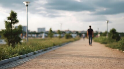 Obraz premium A solitary figure walks down a sun d d path in a serene park setting with distant cityscapes under a cloudy sky