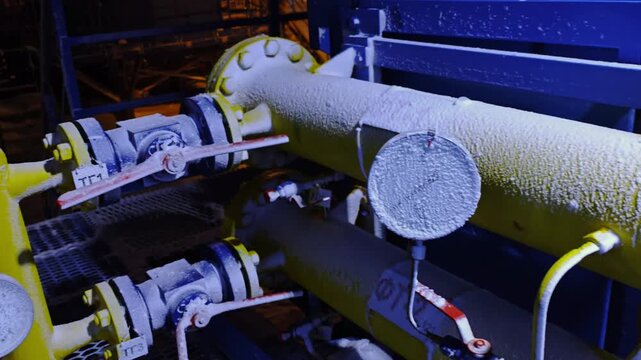 Icy yellow pipe under blue lighting, wideangle view of frosted gauge and fittings in night industrial plant, corrosionprone surfaces and insulation texture highlighted, audit atmosphere