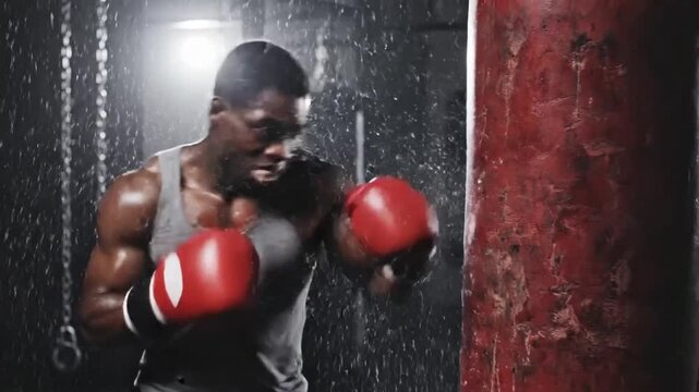 Stormy Boxing Workout. Rain Hampers Intense Boxing Training. Heavy Rain Persists Through Vigorous Boxing Practice. Sudden Downpour Challenges Dedicated Boxer During Training Session