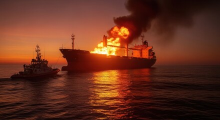Obraz premium Burning Cargo Ship at Sea During Sunset with Tugboat.