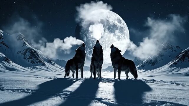 Silhouetted Wolves Amidst Frosty Mountain Landscape. Night Scene With Wolves And Shimmering Icy Peaks Background. Mystical Winter Scene Showcasing Wolf Pack Under Radiant Full Moon Atmosphere