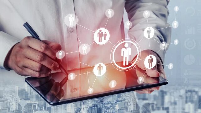 Professional using digital tablet for social network analysis and user engagement visualization in modern corporate environment with technology interface Gluon.