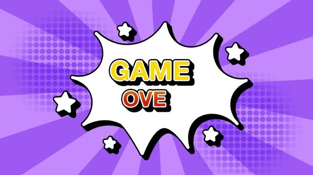game over text word lettering popup comic cartoon reveal with bomb and smoke explosion manga anime book page dots with radial speed lines doodle lavender background with seamless loop animation retro