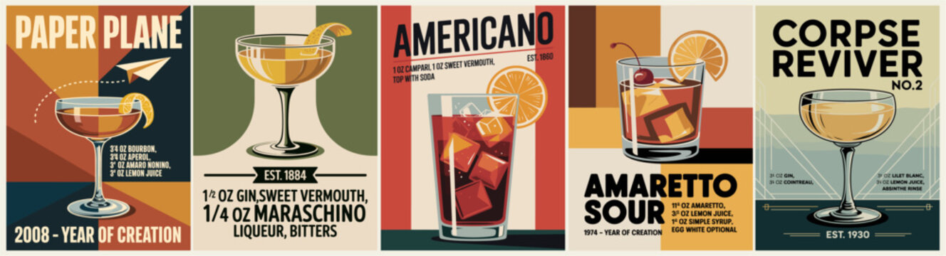 Vintage-style cocktail poster set featuring Paper Plane, Americano, Amaretto Sour and more. Art deco flat vector design with recipes, bold typography and elegant retro color palette.