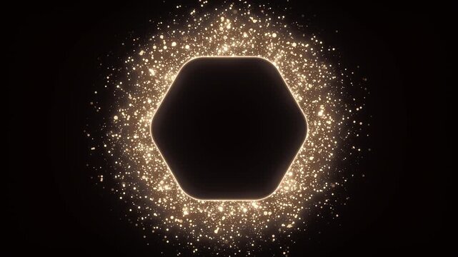 Glowing Gold Hexagon Frame With Sparkling Particles On Dark Luxury Background; Looping
