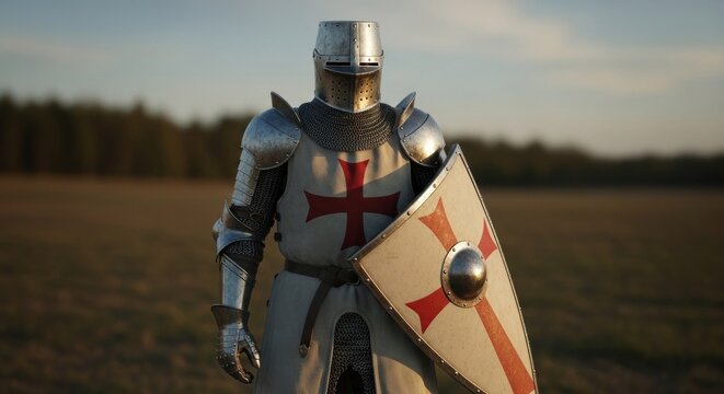 Crusader in full armor standing in a field at dusk.