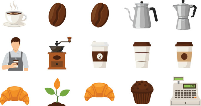 Comprehensive coffee shop vector icon set featuring barista, roasted beans, brewing equipment, takeaway cups, fresh croissants, chocolate muffin, and vintage cash register for cafe branding.