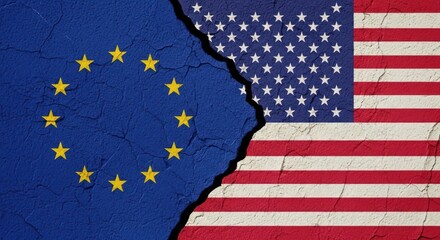 Obraz premium EU and USA flags painted on cracked wall symbolizing transatlantic relations.