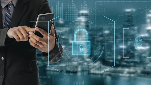 Digital cyber security lock system highlighting data security encryption, cyber password protection, fingerprint ID, cloud storage safety, and cyber security for online access Marrow