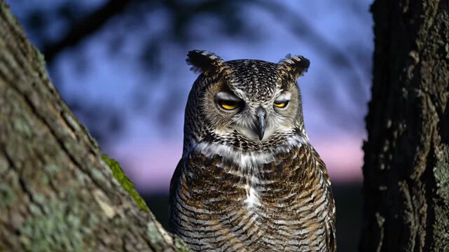 Great Horned Owl Perched in Ancient Tree