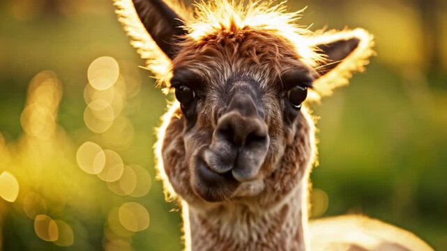 Close up of a fluffy brown alpaca looking at camera