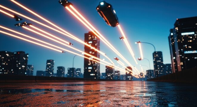 Futuristic City Under Attack SciFi War Scene with Laser Beams.