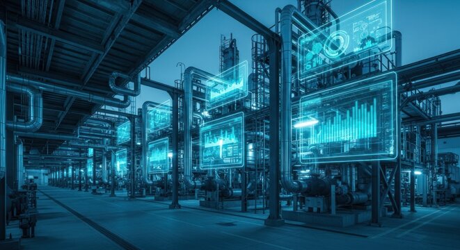 Futuristic industrial plant with augmented reality interface and data visualization.