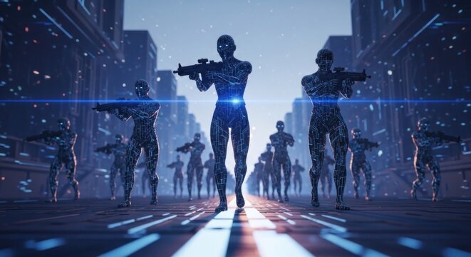 Futuristic Robot Army Marching Through a Neon Cityscape.