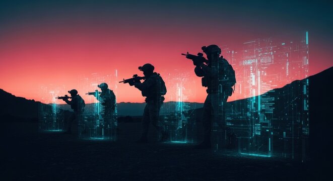 Futuristic soldiers on a mission with advanced technology.