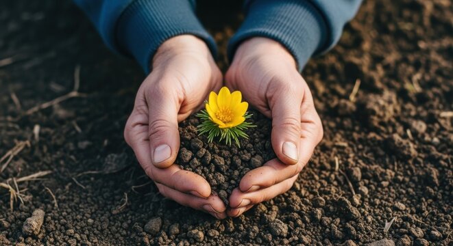 Hands Holding a Yellow Flower in Soil A Symbol of Growth and Care.