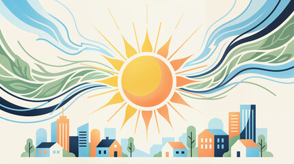 Obraz premium Colorful illustration of sun rising over stylized cityscape 