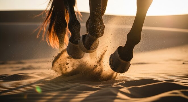 Horse hooves kicking up sand in desert landscape at sunset.
