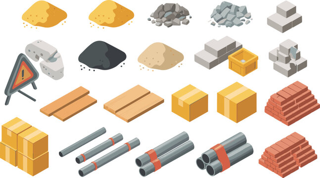 Construction materials set with sand gravel bricks wood pipes boxes isometric vector illustration building supplies industry equipment design collection