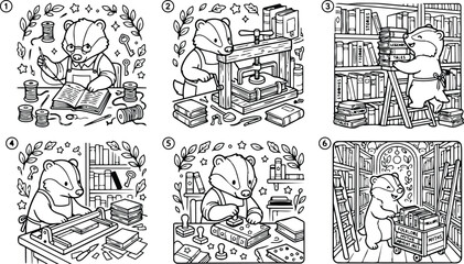 Obraz premium Colorbook style detailed line art showing badger character typing writing and printing books with tools at office desk surrounded by leaves and stars