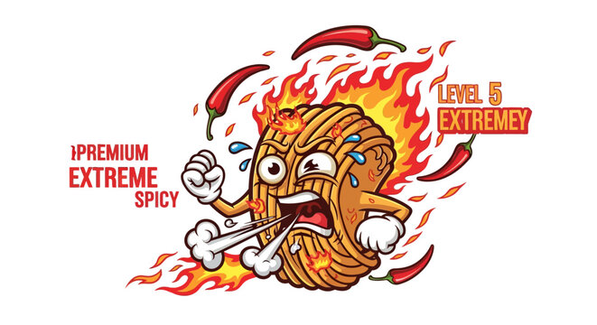 Cartoon noodle character on fire, sweating from extreme spiciness, surrounded by chili peppers and flames, with text indicating 'PREMIUM EXTREME SPICY' and 'LEVEL 15 EXTREMEY'.