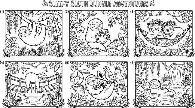 Colorbook style jungle sloth adventures showing smiling sloths hanging climbing swinging relaxing in hammock and pond with tropical foliage and jungle animals