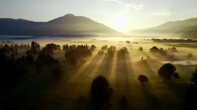 Aerial View Golf Course with Fog and Sun Rays at Sunrise 4K Footage Cinematic Establishing Shot Serene Nature Landscape Scenery Banner Background Element